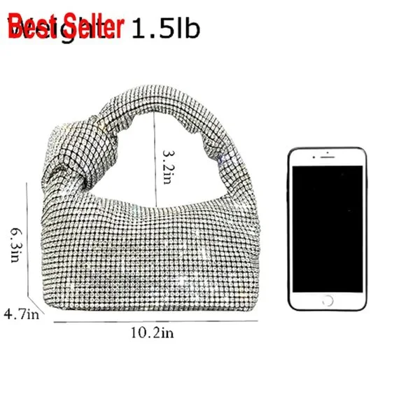 Full Glitter Rhinestone Hobo Dumpling Evening Clutch Crossbody Bag - Picture 6 of 7